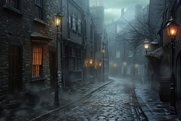 Fototapeta premium a street with a light on and a building in the background, A Victorian-era London street with cobblestones and gas lamps