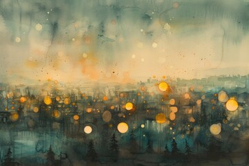 a painting of a sunset over a river, Art Deco cityscape illuminated by golden light and geometric patterns