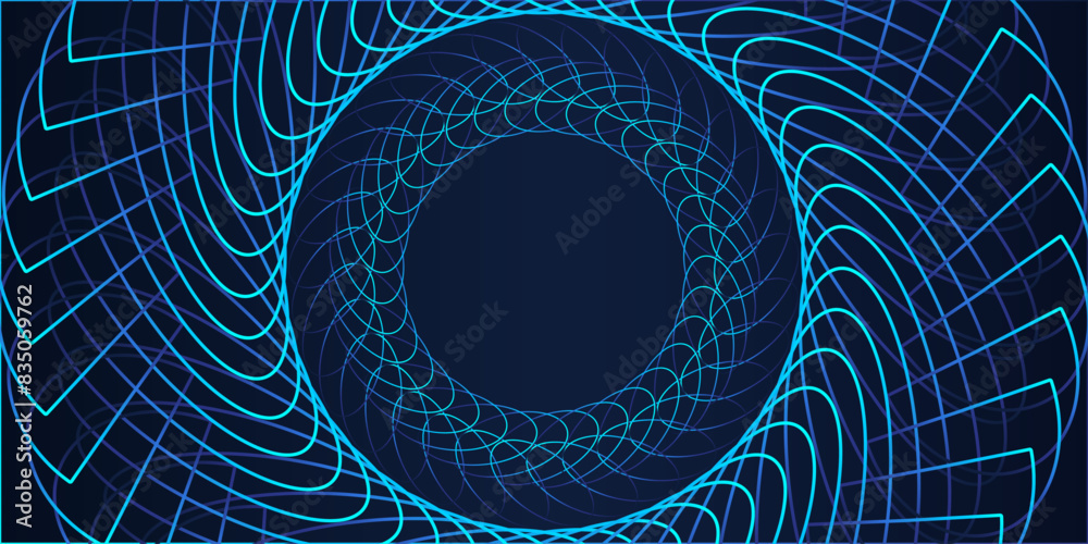 Poster Vector abstract circle frame with wavy rounded lines pattern flowing in blue green colors isolated on black background for concept of music, technology, ai