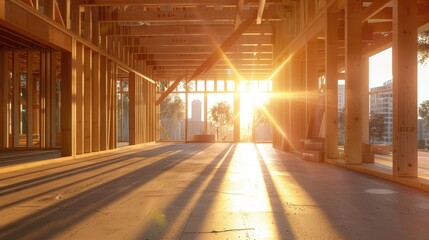 Building new wooden house, Building process on construction site on sunny day