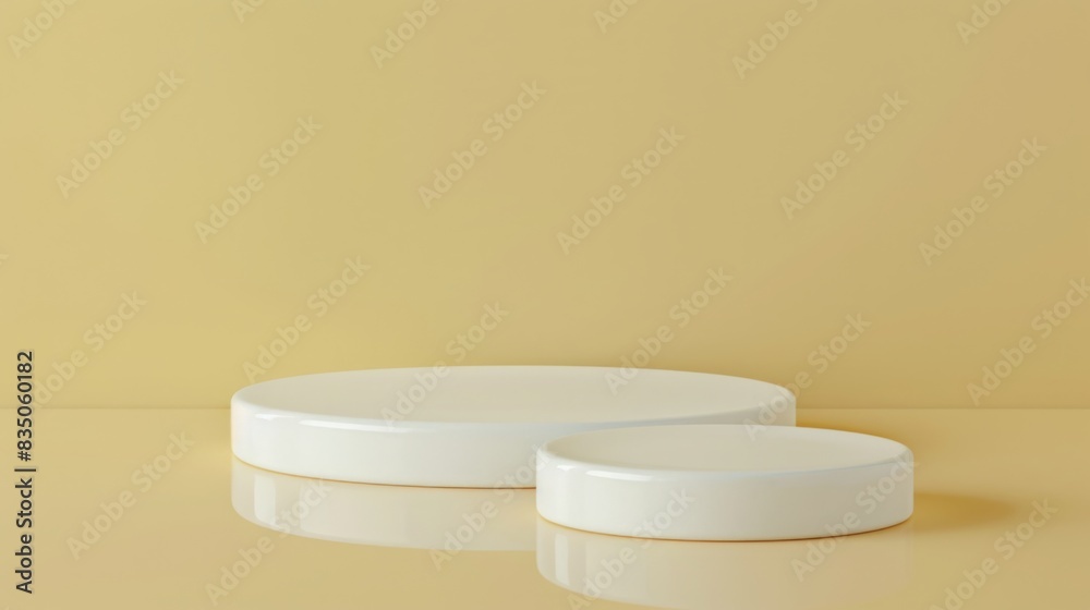 Poster two white round pedestals of different heights are placed on a matching yellow background surface an