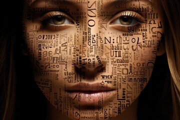 a woman with a face made of words, A womans face with the word strong written in multiple languages on her features