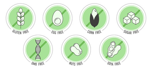 Set of ingredient warning label icons. Allergen icons. Gluten free,egg free, gmo free,corn free,nuts free, soya free,sugar free. Food intolerance. Flat vector illustration