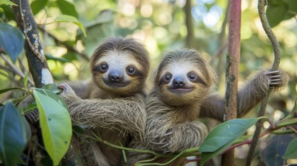two baby sloths are sitting on a branch, Baby sloths holding onto tree branches