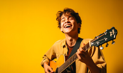 Obraz premium Happy teenage boy playing guitar on yellow background. Place for text