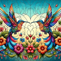 Obraz premium Vibrant Stained Glass Art of Hummingbirds and Flowers