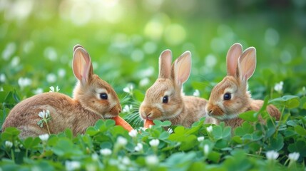 Fototapeta premium three rabbits sitting in a field of clovers, Bunnies enjoying carrots in a field of clover