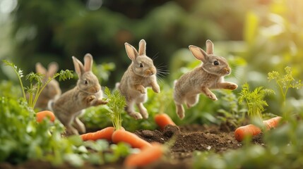 Obraz premium a group of rabbits sitting in the middle of a field, Bunnies hopping through a carrot patch