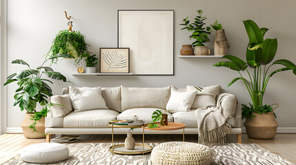 Warm and Cozy Composition of spring living room interior with mock-up poster frame 