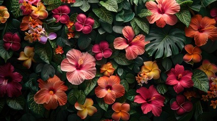 Vibrant Flower Wall Background and Tropical Leaves Creating a Colorful Display