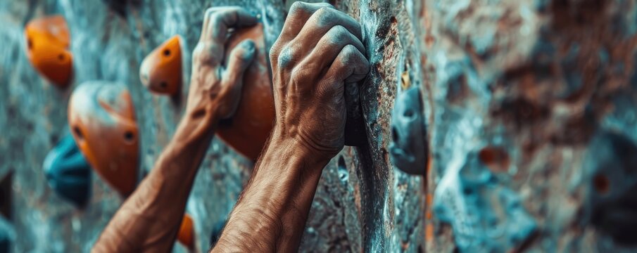A person is climbing a rock wall with their hands covered in chalk. Concept of determination and physical exertion as the person works to reach the top of the wall