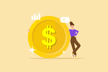 Character design of a woman holding a large gold dollar coin. Can be used for the web or as a poster or banner template on a banking or financial theme. Accounting, investments, deposits