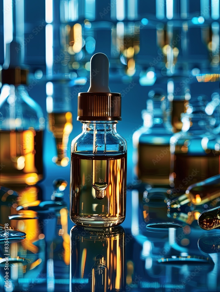 Poster a close-up shot of a glass serum bottle with a dropper, surrounded by other bottles and lab tools. g