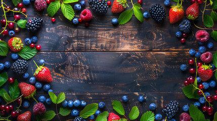 A variety of fresh berries whose vibrant leaves frame the dark wooden backdrop, leaving plenty of space.
