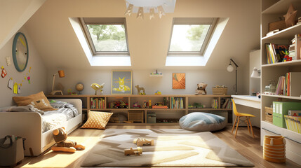 A bright, modern children's bedroom, where roof windows let in plenty of natural light. The room is decorated in a friendly way, with a rich collection of toys, bookshelves and a desk.