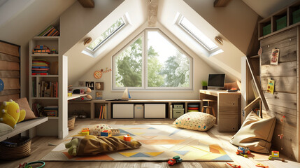 A bright, modern children's bedroom, where roof windows let in plenty of natural light. The room is decorated in a friendly way, with a rich collection of toys, bookshelves and a desk.