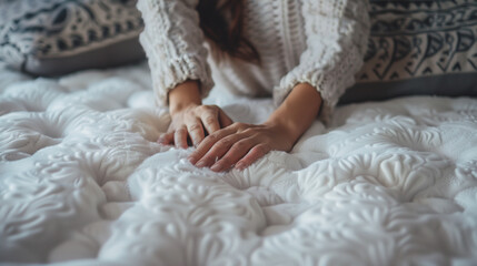 A woman who tries the mattress by placing her hands on its white, textured surface.