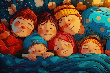 a family is sleeping in bed together, Comic style art depicting a family of cartoon characters all sleeping peacefully, to celebrate World Sleep Day