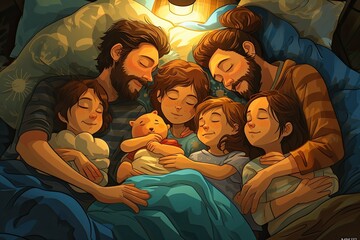 a family is sleeping in bed together, Comic style art depicting a family of cartoon characters all sleeping peacefully, to celebrate World Sleep Day