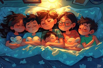 a family is sleeping in bed together, Comic style art depicting a family of cartoon characters all sleeping peacefully, to celebrate World Sleep Day