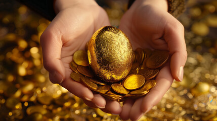 Hands holding a golden egg over a pile of gold coins, expressing wealth and treasure.
