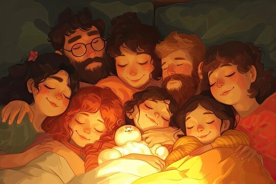 a family is sleeping in bed together, Comic style art depicting a family of cartoon characters all sleeping peacefully, to celebrate World Sleep Day