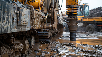 Heavy construction equipment on a muddy construction site, focusing on a hydraulic thresher for driving piles.