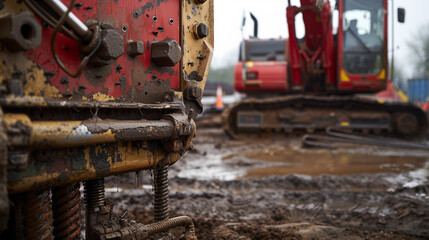 Heavy construction equipment on a muddy construction site, focusing on a hydraulic thresher for driving piles.