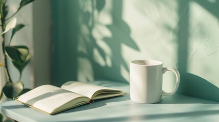 Serene Morning: White Mug on Desk with Open Book, Bathed in Sunlight