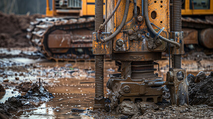 Heavy construction equipment on a muddy construction site, focusing on a hydraulic thresher for driving piles.