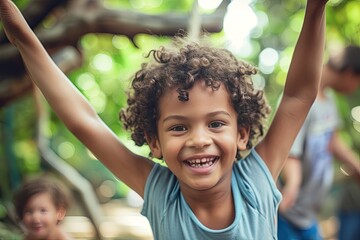 a group of children running through a lush green forest, Document the candid joy of children playing in a park or engaging in outdoor activities
