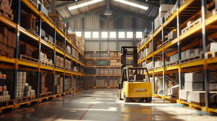 Forklift moving in a spacious warehouse where large shelves are filled with boxes and goods.