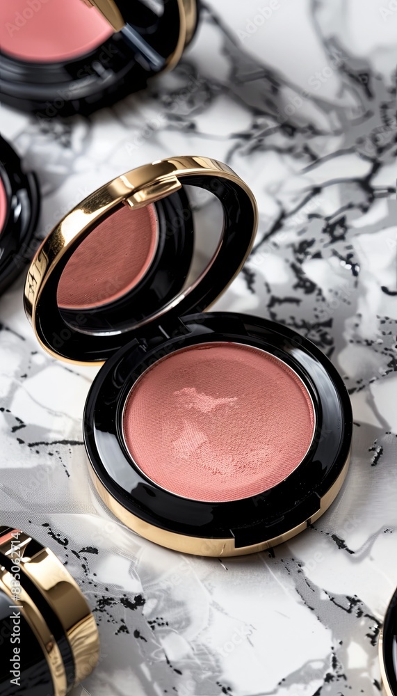 Poster Close-up of compact cases with powder and blush on a marble surface. Generative AI