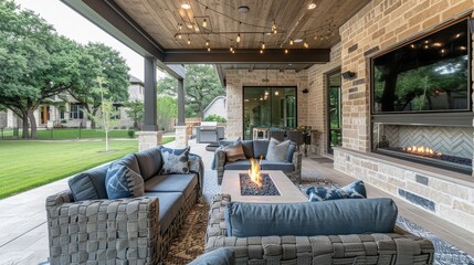 Beautiful outdoor patio with elegant gray and blue themed seating area featuring a firepit, large comfortable couches, string lights, wood accents, and stone wall. 