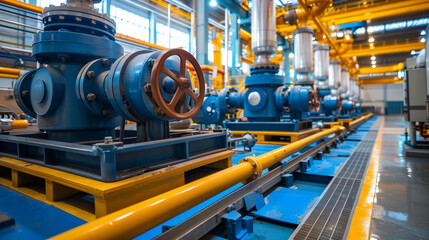 A series of large industrial pumps in a modern factory, with blue and yellow guide pipes.