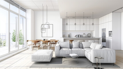 A modern living room connected to an open kitchen, where one part is presented in a realistic rendering and the other in the form of an architectural sketch.