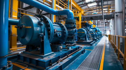 A series of large industrial pumps in a modern factory, with blue and yellow guide pipes.