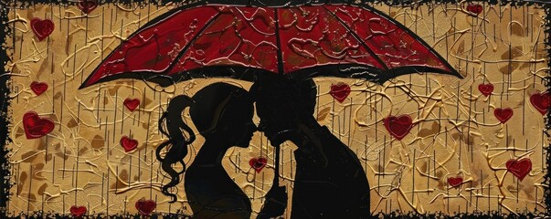 A couple is walking in the rain under an umbrella. The image has a romantic and intimate mood