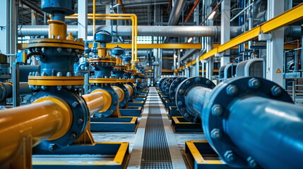 A series of large industrial pumps in a modern factory, with blue and yellow guide pipes.