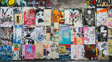 A city wall covered with a colorful array of posters, graffiti and stickers presenting a variety of patterns and messages.