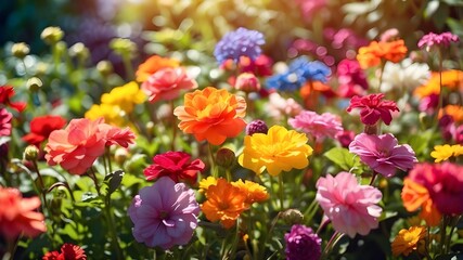 Bright, lovely, multicolored Zinnia flowers in spring and summer in a sunny garden under the open sky in the great outdoors. banner format with extremely broad width.