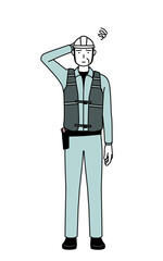 Senior male engineer in helmet and work wear scratching his head in distress.