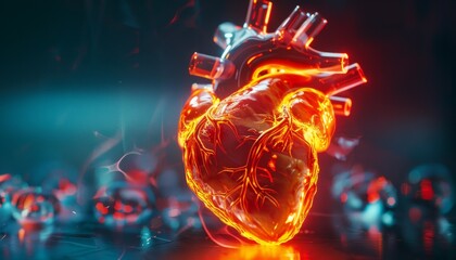 Light 3D futuristic glass model of human heart, scientific research, and healthcare concept.