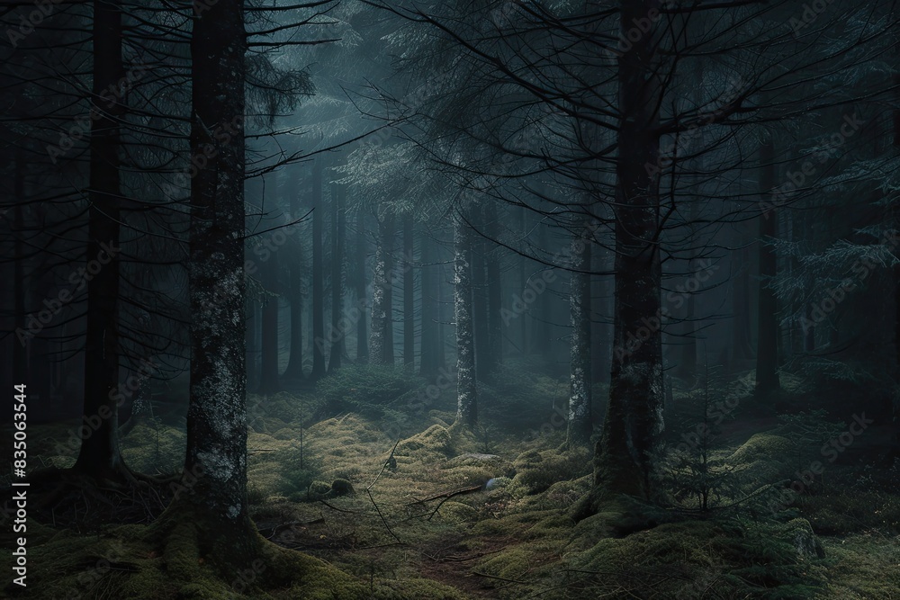 Poster a dark forest with a path in the middle, Focus on the contrast between light and darkness in a moody, atmospheric forest scene