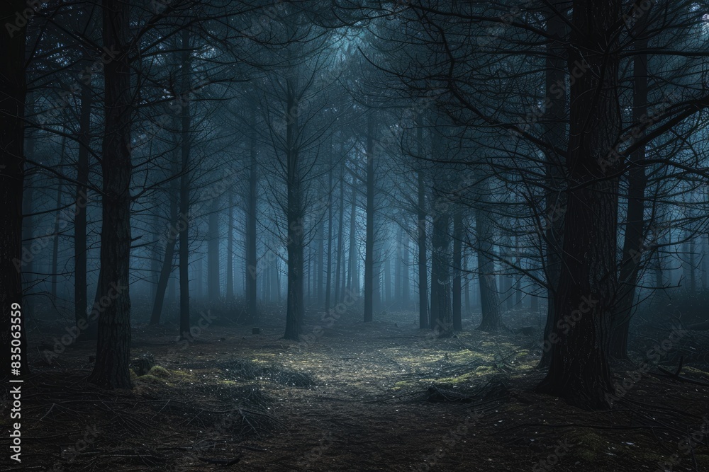 Poster a dark forest with a path in the middle, Focus on the contrast between light and darkness in a moody, atmospheric forest scene
