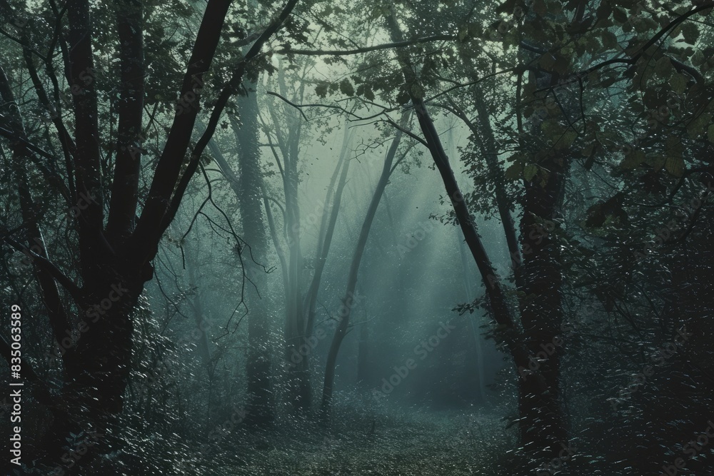 Poster a dark forest with a path in the middle, Focus on the contrast between light and darkness in a moody, atmospheric forest scene