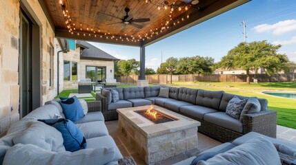 Beautiful outdoor patio with elegant gray and blue themed seating area featuring a firepit, large comfortable couches, string lights, wood accents, and stone wall. 