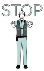 Senior male engineer in helmet and work wear with his hands out in front of his body, signaling a stop.