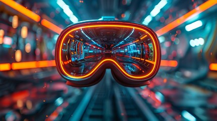 A detailed view of goggles reflecting a vibrant, neon-lit futuristic tunnel interior