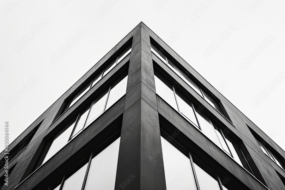 Poster a tall building with lots of windows and a clock on the top, photograph the architectural symmetry a